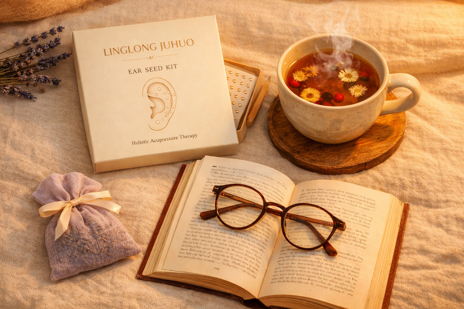 A flat lay of items for a better sleep ritual, including a book, herbal tea, and a LINGLONG JUHUO ear seed kit.