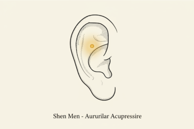 An illustration highlighting the location of the Shen Men point, also known as the Spirit Gate, on the human ear.