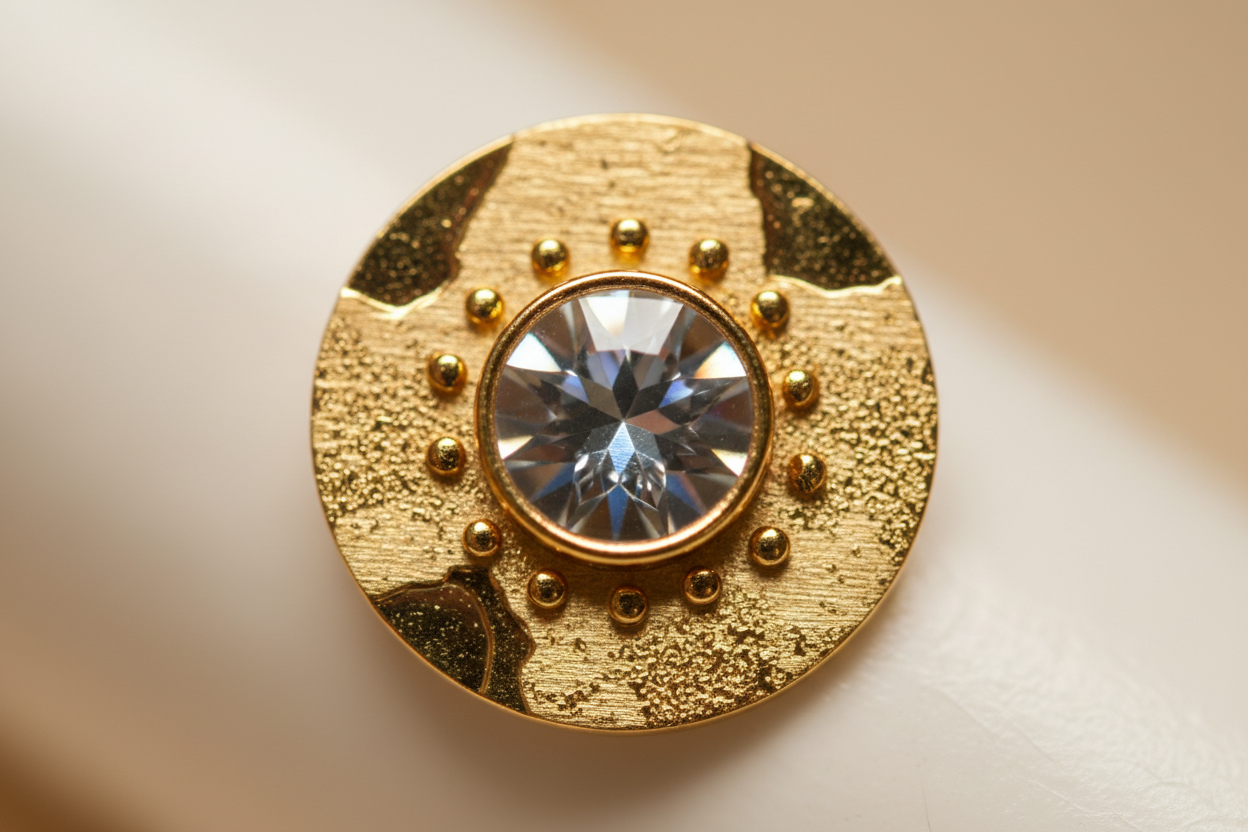 Close-up of a 24k gold and Swarovski crystal ear seed, highlighting the premium materials used in elegant wellness jewelry.