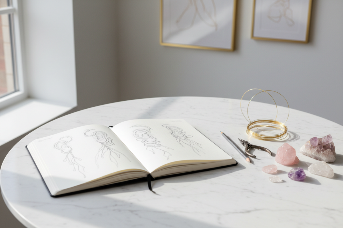 A designer's workspace showing sketches and raw materials, illustrating the transition from clinical tools to wearable art.