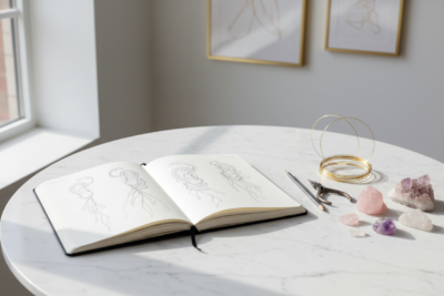 A designer's workspace showing sketches and raw materials, illustrating the transition from clinical tools to wearable art.