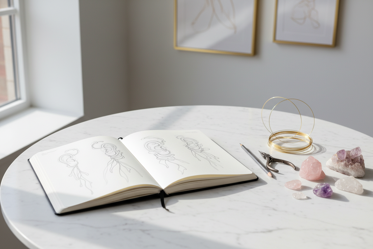 A designer's workspace showing sketches and raw materials, illustrating the transition from clinical tools to wearable art.