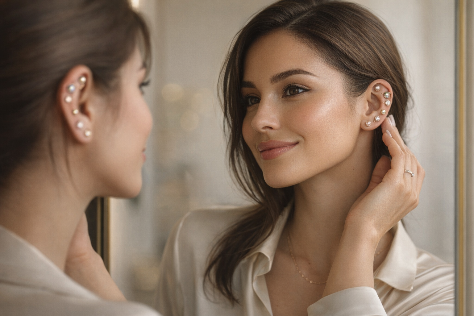 A stylish woman admiring her ear curation in a mirror, demonstrating how beautiful design encourages consistent daily wear.