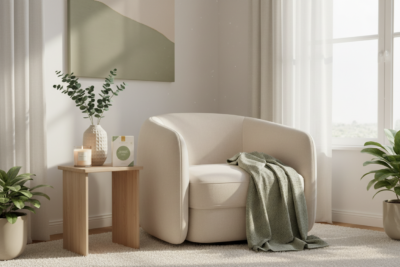 A cozy and sunlit corner of a room designed as a calming home sanctuary for wellness practices.