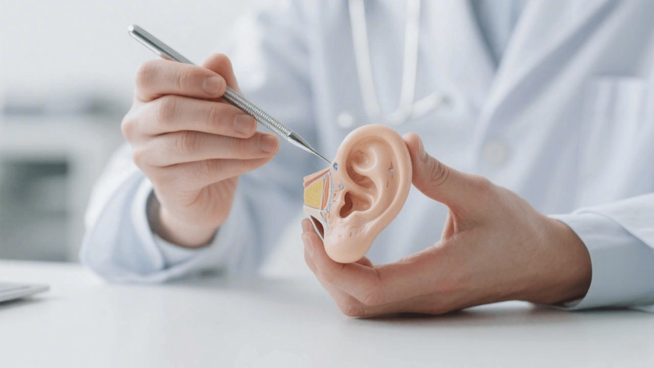 A practitioner using a probe to point at an anatomical ear model to explain the ear microsystem.