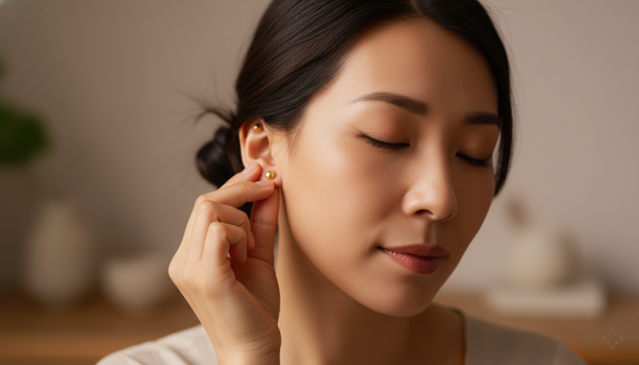 A woman finding natural pain relief by gently pressing a gold ear seed on her ear.