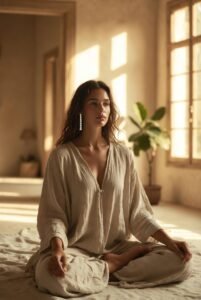 A person practicing mindfulness and meditation wearing an elegant LINGLONG JUHUO crystal ear seed.