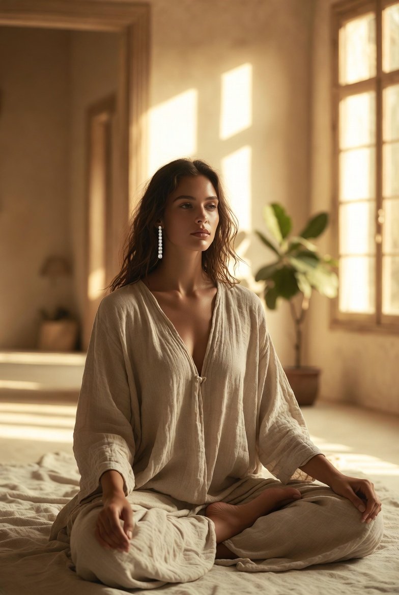 A person practicing mindfulness and meditation wearing an elegant LINGLONG JUHUO crystal ear seed.