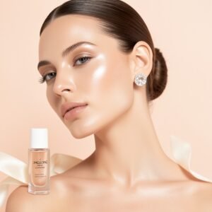 A woman with radiant skin wearing a crystal ear seed as part of her holistic skincare routine.