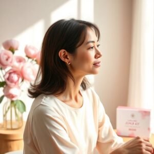 A woman using rose quartz ear seeds for hormone balance and women's health.