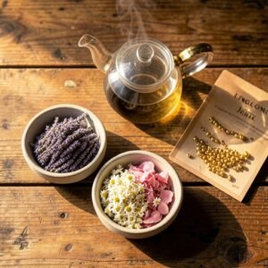 A collection of dried herbs and a LINGLONG JUHUO ear seed kit for a DIY relaxation tea ritual.