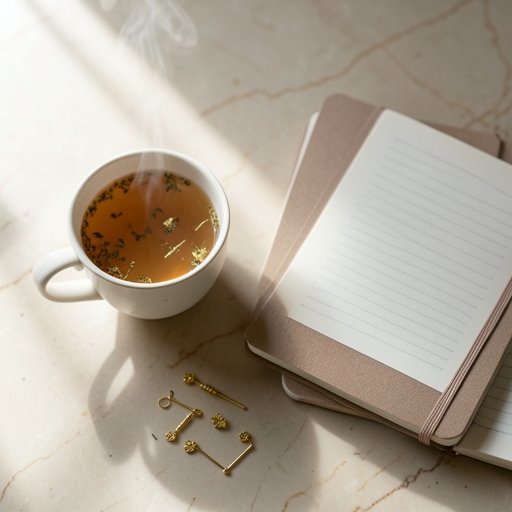 A soothing setup for digestive wellness featuring a warm cup of herbal tea and a LINGLONG JUHUO gold ear seed kit.