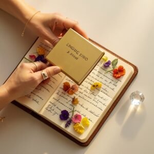 A person commemorating a personal achievement with a LINGLONG JUHUO meaningful jewelry kit and a journal.