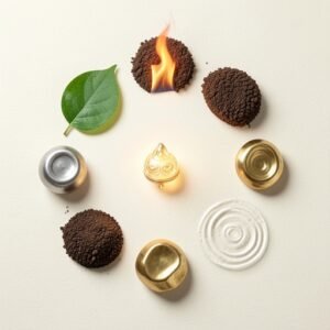 A circular representation of the five elements theory in Traditional Chinese Medicine with an ear seed in the center.