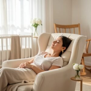 A serene new mother relaxing in a nursery, wearing a gold ear seed for postpartum wellness.